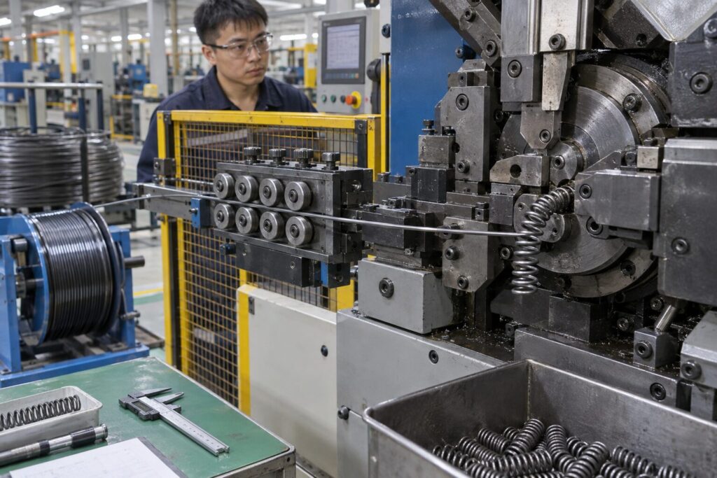 Custom Spring Prototyping & Design Services 1 Music wire being formed into precision compression springs