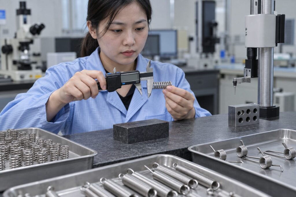 Custom Spring Prototyping & Design Services 13 Stainless steel spring undergoing dimensional inspection