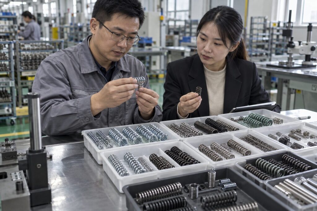 Custom Spring Prototyping & Design Services 2 Engineering and purchasing staff comparing spring finishes and costs